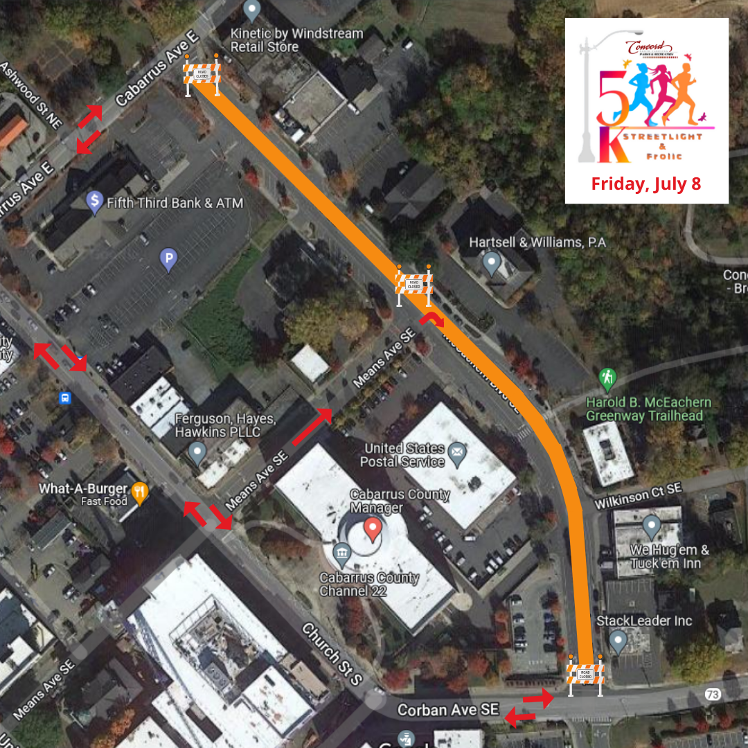 Map of McCachern Blvd Closure for Streetlight 5k Race Map of McCachern Blvd Closure for Streetlight 5k Race